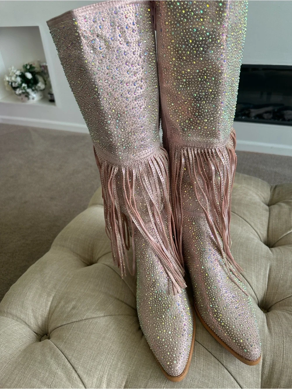 Fashion Nova Pink Rhinestone Fringe Western Boots